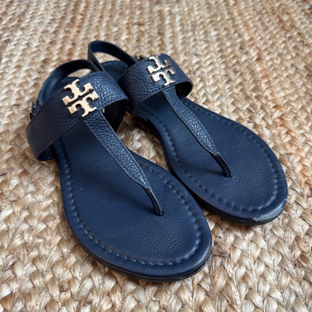 Tory Burch 8M Blue Leather T Strap Sandal Flats Shoes Pebbled - Picture 6 of 7